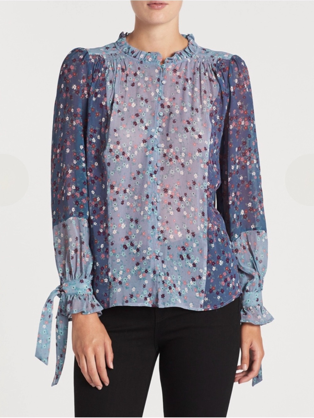 PAIGE Dorothy Silk Sheer Ruffled Blouse In Crown Blue Floral Tie Cuffs Sz M